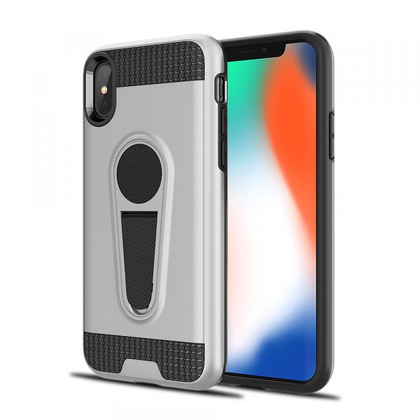 Wholesale iPhone Xs Max Metallic Plate Stand Case Work with Magnetic Mount Holder (Silver)